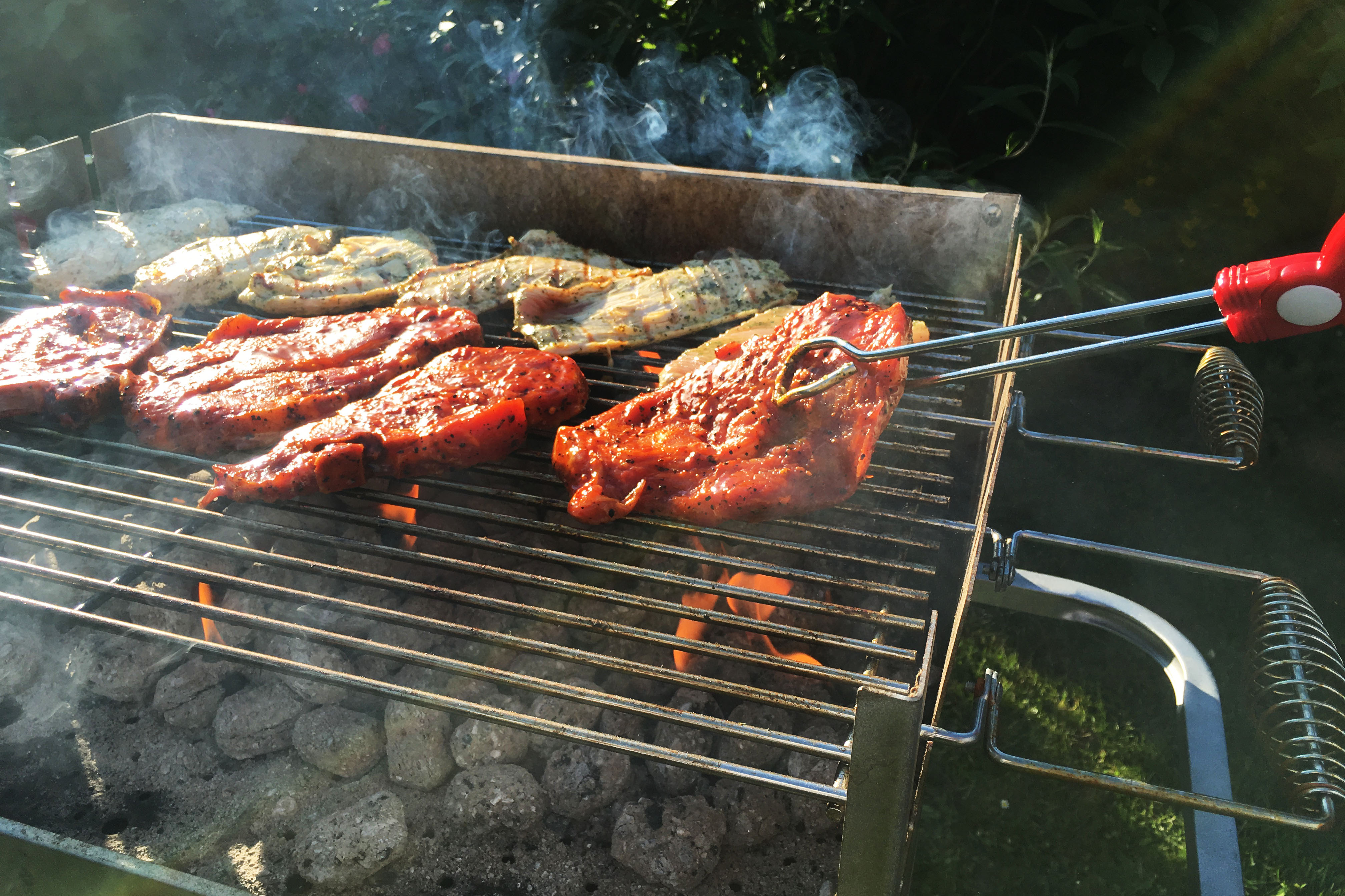 Verschiedene Speisen auf einem heißen Grillrost